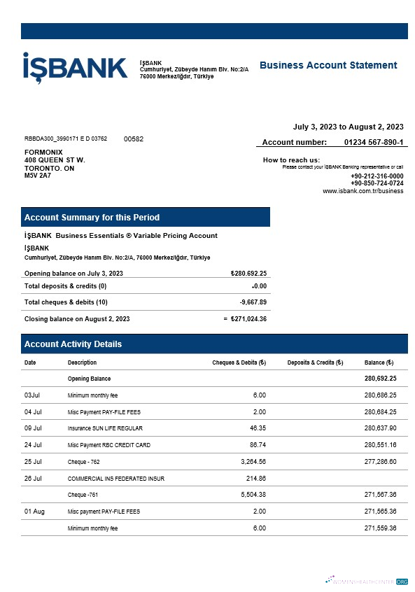 Download İşbank corporate checking account statement Word and PDF template Photoshop template